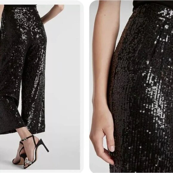 Express High Waisted Sequin Pleated Cropped Trouser S - Picture 3 of 4